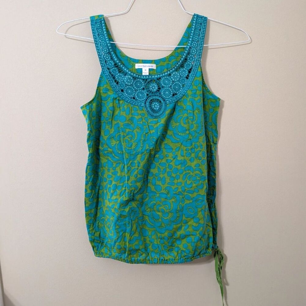 Earthy Whimsygoth Green & Blue Floral Medallion Design Blouse With Bubble Hem